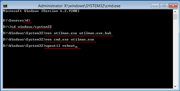 replace cmd with utilman - نحوه تغییر رمز اکانت Administrator در ویندوز سرور 2012